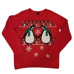 Women's LOL Vintage Red Penguin Heart Ugly Christmas Sweater